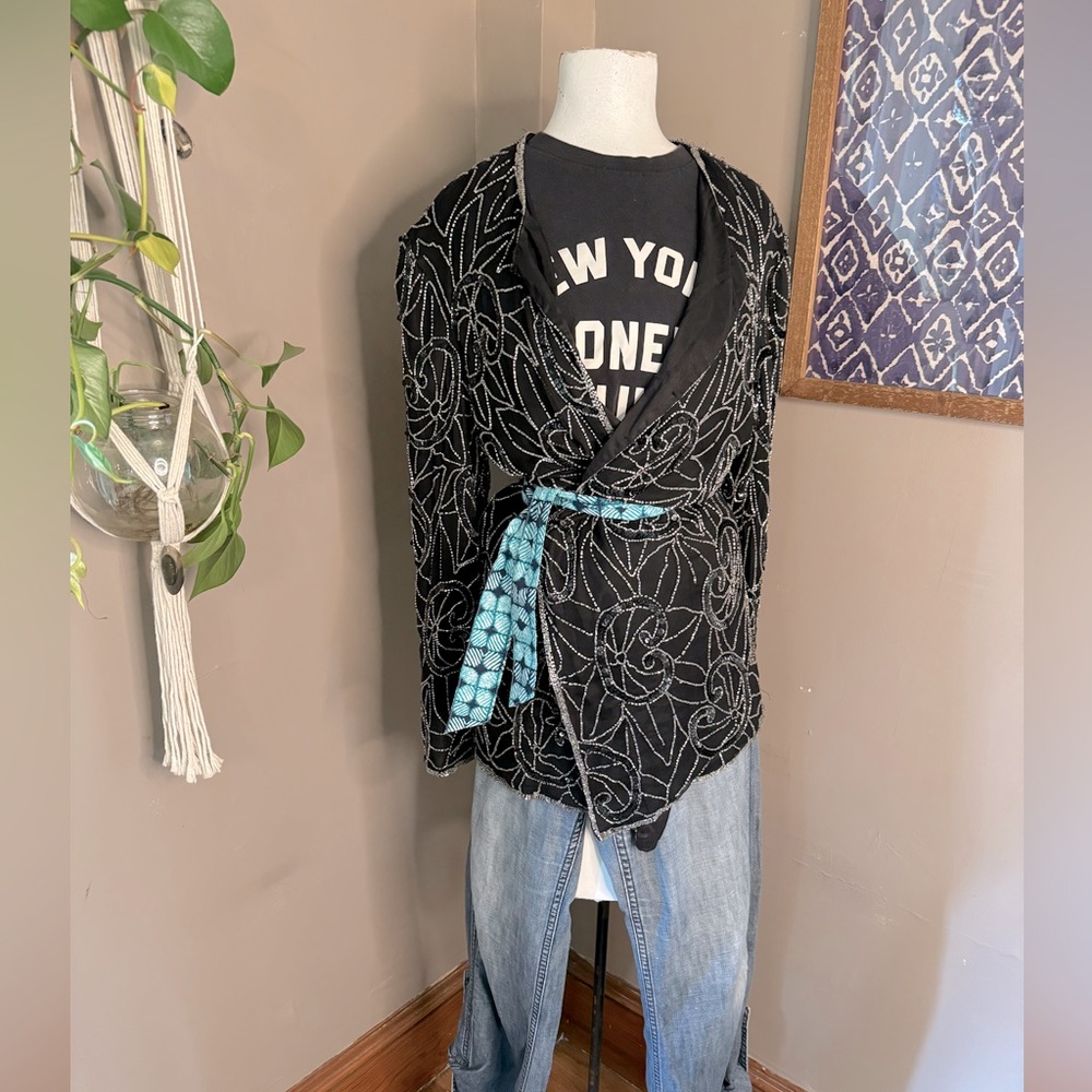 Vintage‎ black hand, beaded cardigan, jacket Sz XL